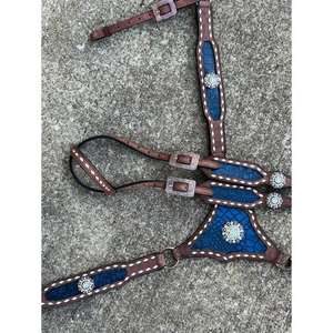Strong & Weather Safe <b>Blue</b> Western Leather <b>Tack</b> Set Full Gear Horse Bridle with Flower Tooling Headstall Reins Breast Collar - Product Image 4