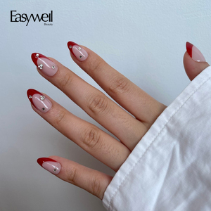 Fournisseur de Faux Ongles Easywell – 30 Pièces, French Manucure <span class=keywords><strong>Rouge</strong></span> avec <span class=keywords><strong>Strass</strong></span>, Courts, Forme Amande, Couverture Complète, Faits Main, à Coller - Product Image 1