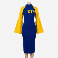 Robe pull midi moulante en maille pour femme, style universitaire, à blocs de couleur, manches longues raglan évasées, avec broderie personnalisée et logo appliqué