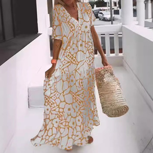 Vestido Largo Informal de Verano para Mujer, Talla Grande, con Estampado Geométrico, Cuello en V Profundo y Manga Corta, Dropshipping Shopify - Product Image 3