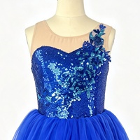 Robe tutu sans manches bleu roi à sequins floraux pour filles, col en maille, jupe en tulle multicouche pour la danse lyrique et la scène