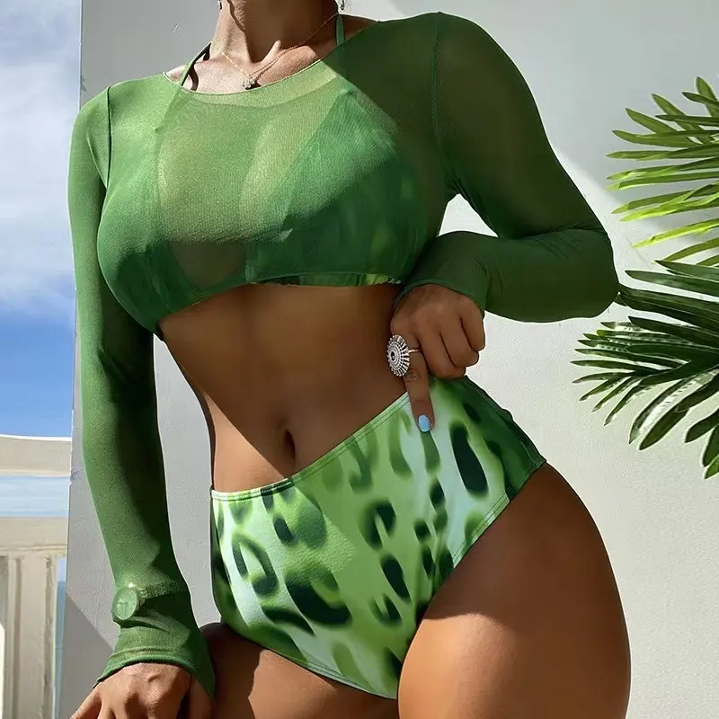 Bañador de 3 piezas de manga larga para mujer, ropa de playa Sexy de cintura alta con estampado verde, malla transparente, 2023