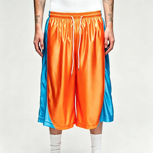 OEM Custom <b>Men</b> Color Block Shiny Satin Basketball <b>Shorts</b> Elastic Waist Drawstring Loose <b>Long</b> Sports <b>Shorts</b> - Product Image 2