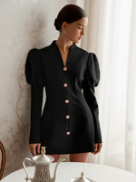Robe élégante à manches bouffantes pour femmes, col en V, simple boutonnage, robe cintrée unie, robe de soirée pour femme, mode 2025