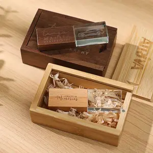 Wood Glass hadiah pernikahan Memorias Usb 2Gb 4Gb 8Gb 16Gb Flash Drive disesuaikan 32Gb 64Gb 128Gb kristal USB Stick dengan kotak kayu