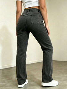 Jeans da Donna a Vita Alta, Gamba Dritta, Traspiranti, in Denim Stonewashed, Tinta Unita, Casual, Lunghezza Intera, Vestibilità Regolare, Semplici - Product Image 4