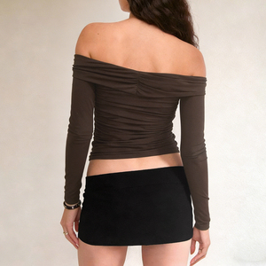 Women's Shoulder <b>Long</b> Sleeve Knit <b>Top</b> Ruched Brown Vintage Metal Buckle Sexy Club Party <b>Summer</b> Eco-Friendly Breathable Anti-Uv - Product Image 3