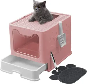 מכירה ישירה במפעל עיצוב חדש קופסת חול לחתולים מתקפלת יציאה עליונה גדולה עמידה בפני התזה ארגז חול לחתולים עם מכסה