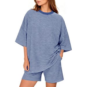 Women 2 Piece Striped <b>Lounge</b> Set Short Sleeve Oversized T-Shirt Pjs Shorts Casual Matching Pajamas Set - Product Image 1