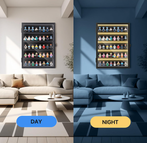 Vitrine noire en bois pour figurines miniatures avec éclairage LED, étagères, pieds intégrés, alimentation par piles, fixation murale - Product Image 5