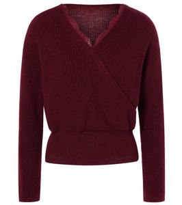Maglione aderente da <span class=keywords><strong>donna</strong></span> Chic <span class=keywords><strong>bordeaux</strong></span> a vita sottile e manica lunga con scollo a V in pizzo Splicing Sexy e temperamento-maglieria - Product Image 1