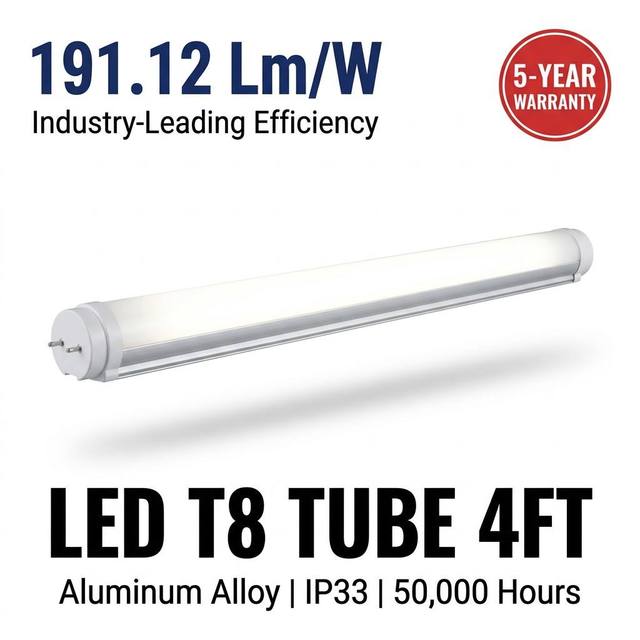 High Efficiency 191.12 Lm/W Aluminum Alloy Led T8 Tube 4FT IP33 85~265V LM190+ 6000K Daylight Indoor Warehouse Use 5-Year