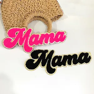 Groothandel 11 Inch Chenille Mama Patch Brief Custom Ijzer Op Hete Roze Vrouwen Handdoek Mama Chenille Patch Voor Mama Kleding