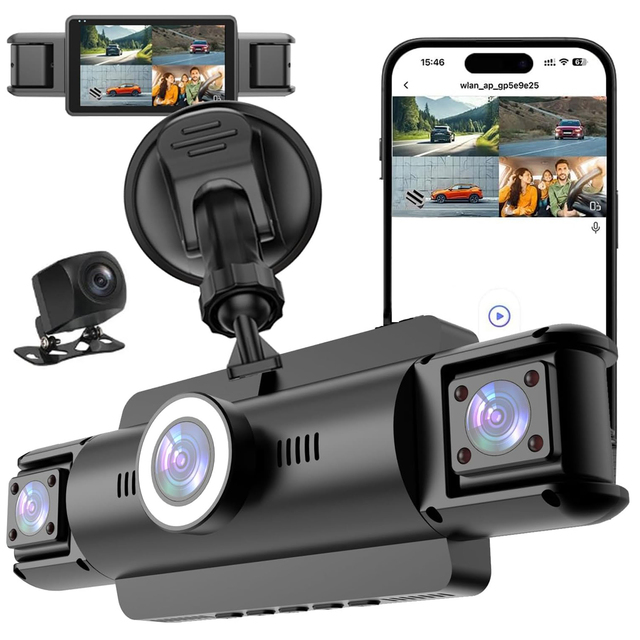 4 Channel 2K Dash Cam Front and Rear Inside 360° View 1080P Dash Camera for Cars Super Night Vision WiFi & APP Control Dash Cam