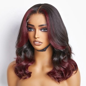 Vente en gros sans colle Highlight couleur rouge dentelle frontale perruque courte ondulée <span class=keywords><strong>Bob</strong></span> 5x5 HD dentelle fermeture perruque dentelle avant perruques de cheveux humains - Product Image 1