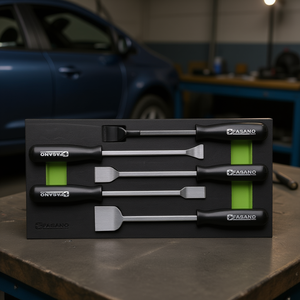 Juego de 5 Espátulas Fasano Tools con Mangos Negros y Cuchillas de Acero para Reparación Automotriz y Carrocería - Product Image 3