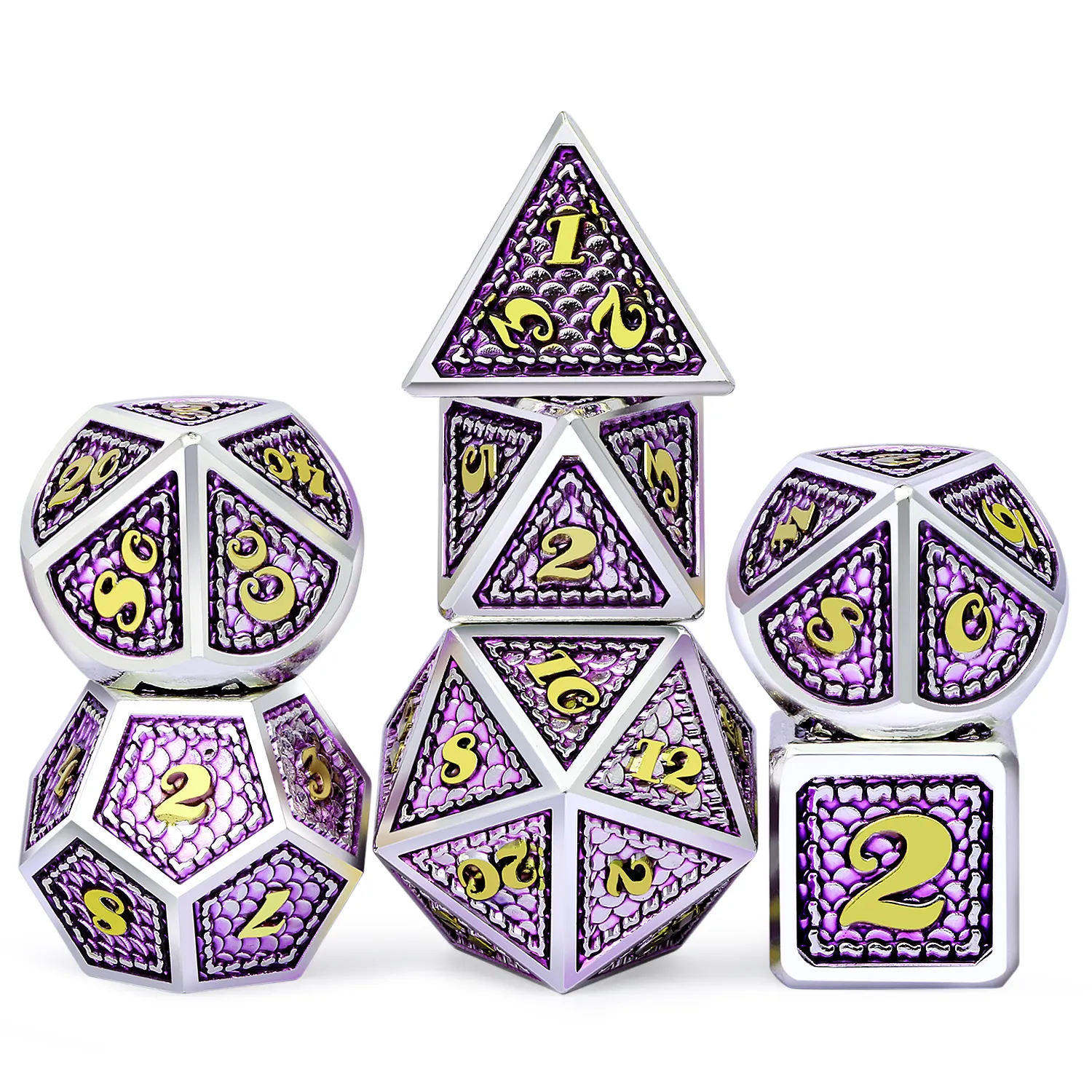 Best seller Metal DND Game Dice Custom 7 Die Dragon Scale Metallic D&D Dice with Velvet Pouch for Gungeons and Dragons
