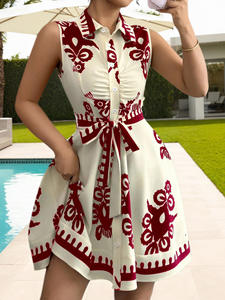 Mode féminine sans bretelles imprimé fleuri ceinturé taille robe dames été plage robe décontracté sans manches balançoire robe - Product Image 5