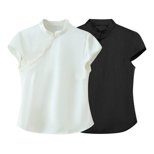 Zevity Camicetta da donna alla moda in stile cinese con colletto alla coreana e bottoni laterali, design slim, camicia estiva a maniche corte da donna - Product Image 1