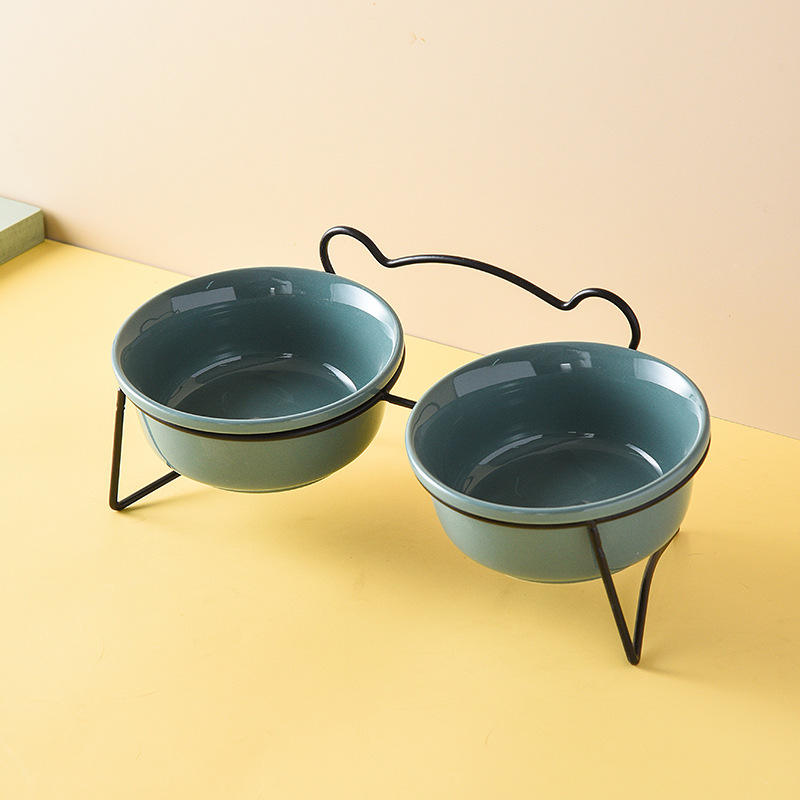Blue Double Bowls with Black Stand