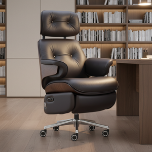 Sedia da <span class=keywords><strong>Ufficio</strong></span> Ergonomica Elettrica in Pelle Stile Mid-Century Modern |   Supporto Lombare in Legno |   Poggiapiedi |   Poltrona Reclinabile per Casa e <span class=keywords><strong>Ufficio</strong></span> - Product Image 2