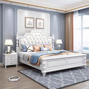 Lit double en bois massif de style américain 1,8x2m avec rangement, design européen, lit de mariage pour adultes et personnes âgées - Product Image 1
