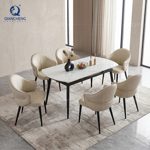 Tables à manger rondes extensibles en pierre frittée blanche avec pieds en métal noir pour 4 à 6 personnes, meubles d'appartement, table de salle à manger - Product Image 2
