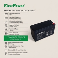 Batterie de secours FirstPower FP1270L 12V 7Ah AGM VRLA pour systèmes UPS, longue durée de vie, 500 cycles, capacité énergétique de 84Wh