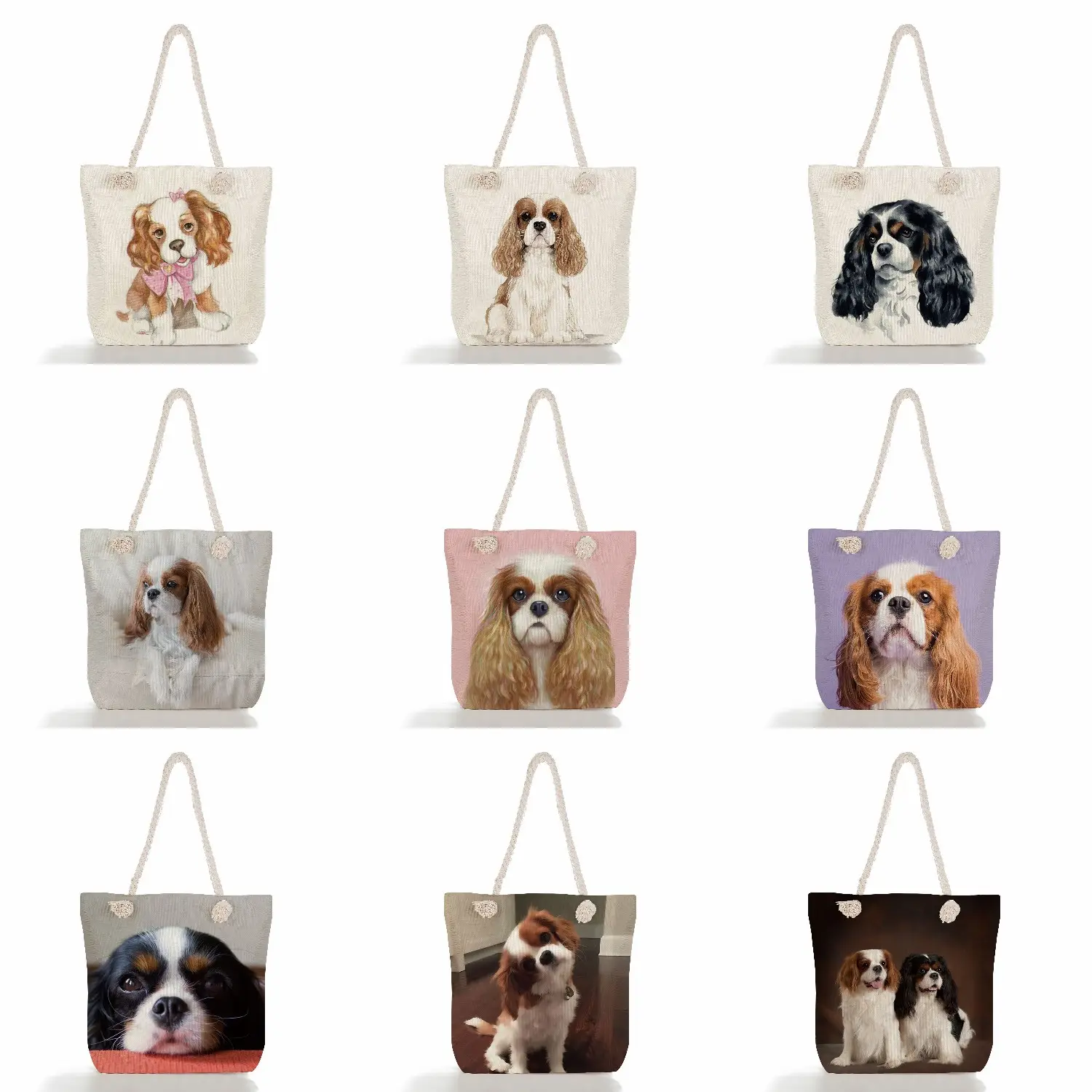 Özel toptan Charles Spaniel köpek baskı çanta moda Polyester Tote kadın omuz çantaları büyük kapasiteli alışveriş çantaları