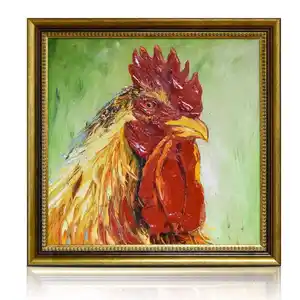 Contemporary Rainbow Chicken Rooster Farm Animal Portrait Handpainted Oil Painting