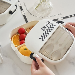 Cream-Colored Three-Compartment Bento Box With Fork Spoon 20.5x18x8.6cm For Office Lunch - Product Image 1