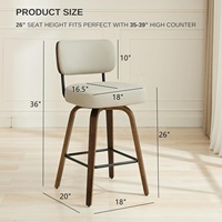 Tabourets de bar pivotants, hauteur de comptoir 26 pouces, beige gris, pieds en bois de noyer, siège rembourré, dossier de soutien, revêtement en similicuir facile à nettoyer