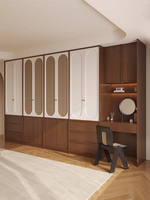 Armoire de chambre à coucher avec portes battantes, en placage de bois et rotin tressé, style Mid-Century, avec poignée en métal à lignes épurées, meuble de chambre
