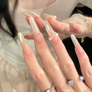 Uñas Postizas Largas y Delgadas con Diseño de Corazón Tridimensional y Lazo Rojo con Puntos, Uñas Postizas de Cobertura Completa para <span class=keywords><strong>Mujeres</strong></span>, Manicura - Product Image 3