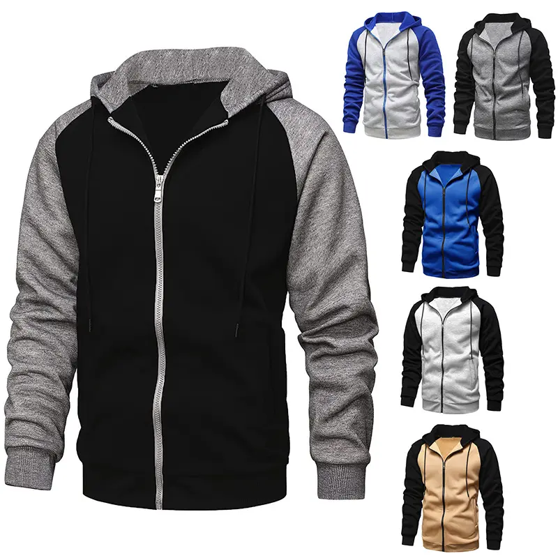 Factory Custom Zipper Hooded Fleece Color Matching Sports Men Cardigan Fleece Hoodies Street Wind