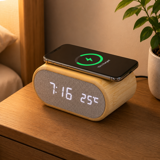 Silent LED Wooden Alarm Clock Wireless 10W Charging Multifunctional Digital Clock Quartz Electronic Voice Controlled Creative
