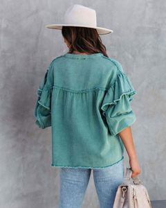 Wholesale Solid Casual Washed Denim Women Coats <b>Tops</b> Fashion Candy Color Hubble-<b>Bubble</b> Sleeve Ladies Outerwear Street Green Jean - Product Image 6