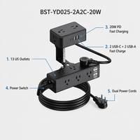 Multiprise de bureau à 13 prises avec pince de fixation, USB-C PD 20W à charge rapide 2A2C, double câble d'alimentation, contrôle par interrupteur, fixation C-clamp sans perçage pour poste de travail