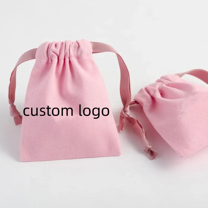 Custom Logo Bedrukt Organisch Canvas Trekkoord Roze Katoenen Stofzak Sieraden Etui