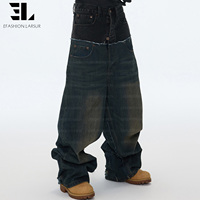 LARSUR Custom Factory Jean Baggy Homme à Double Ceinture, Délavé, Patchwork, Coupe Droite, Style Streetwear