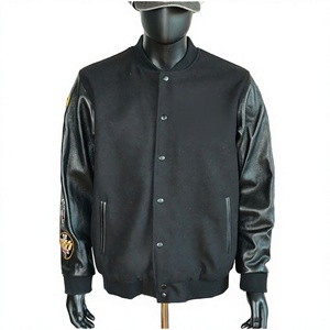 Men's <b>Black</b> Varsity <b>Jacket</b> With PU Leather Sleeves And Patch Design On Left Sleeve Casual Autumn Wear - Product Image 1