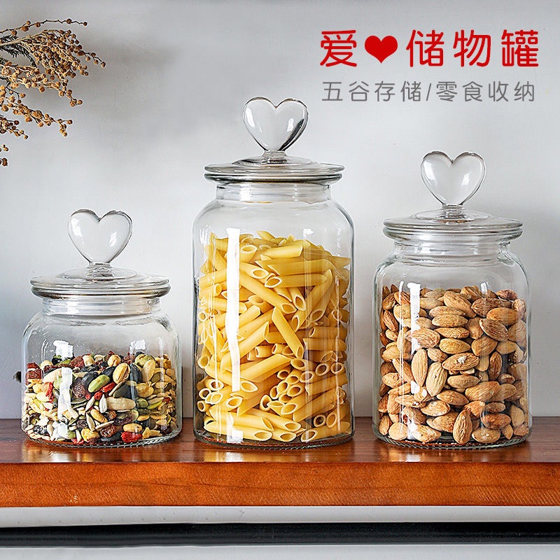 100~2000ml Love cover glass storage jar food-grade sealed jar kitchen grains storage bottle with lid size