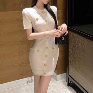 Vestido Tubo Elegante Estilo Francés para Mujer, Verano, Corte Entallado, Tejido con Patrón Geométrico, Manga Corta - Product Image 4