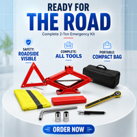 Cric ciseaux robuste en acier de 2 tonnes, kit d'outils d'urgence routière pour levage de voiture, panneau triangulaire de signalisation et gilet de sécurité réfléchissant