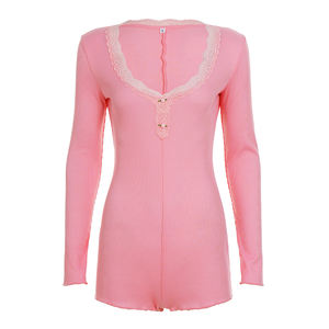 Combinaison courte en tricot pour femme, à col en V, à manches longues, avec bordure en dentelle, boutons sur le devant, couleur unie, style décontracté, tenue de rue - Product Image 6