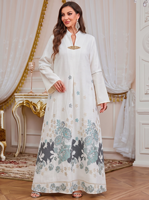 Robe longue décontractée musulmane à col montant, imprimé floral, broche en strass, manches longues, coupe modeste