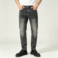 Jean gris délavé pour homme, pantalon en denim foncé, coupe slim, déchiré, fuselé, cinq poches, fabricant OEM personnalisé