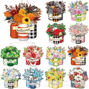 Wooden Floral <b>Spring</b> Door <b>Decorative</b> Sign Garland Indoor Outdoor Home Furnishing Welcome Sign 12 Pieces Set - Product Image 1