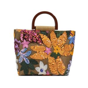 Bolso de mano bordado floral con <span class=keywords><strong>lentejuelas</strong></span> de color <span class=keywords><strong>verde</strong></span> para mujer de gama alta con asa de madera - Product Image 2