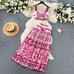 ग्रीष्मकालीन रनवे अवकाश लाल नीला और सफेद चीनी मिट्टी के बरतन दो टुकड़े सेट महिला स्पैगेटी स्ट्रैप शॉर्ट टॉप मैक्सी स्कर्ट सेट सूट - Product Image 3